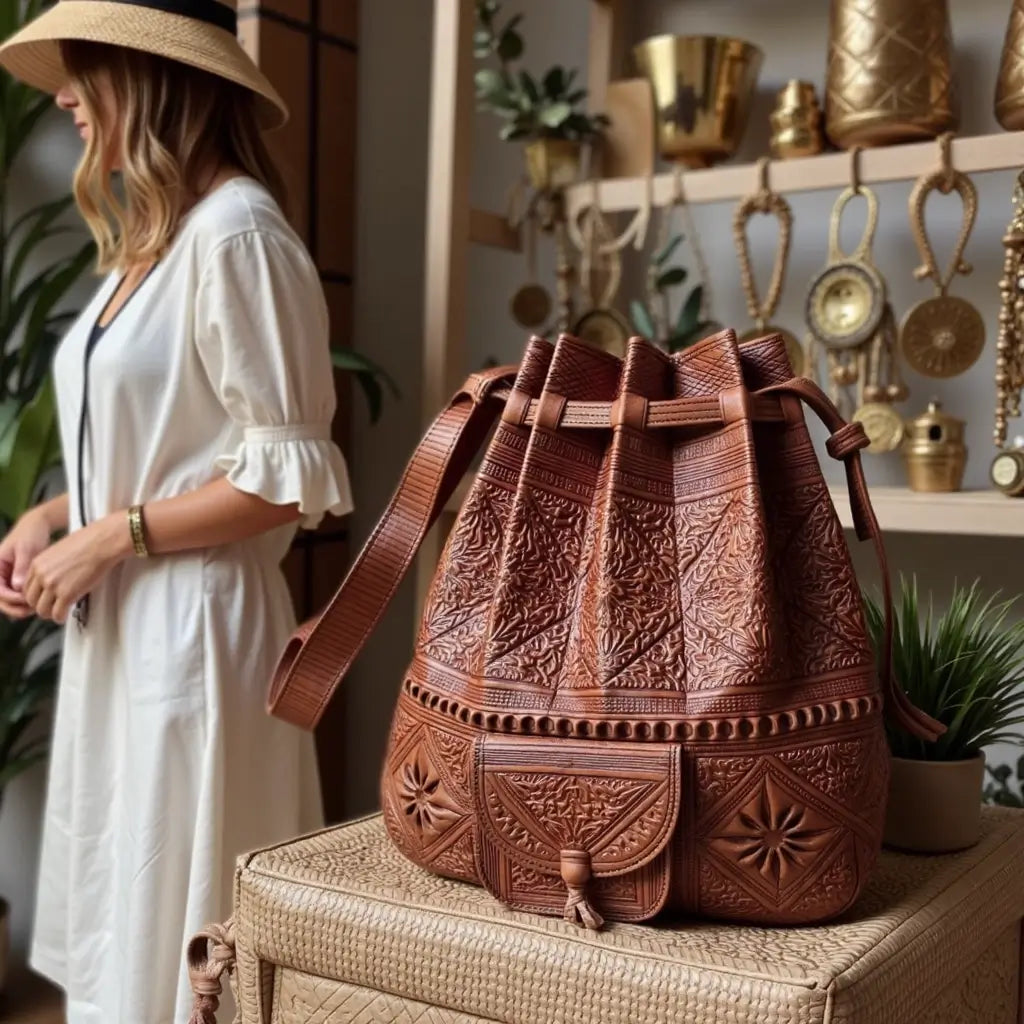 Handcrafted Embossed Leather Bucket Bag – Moroccan Artisan Bag