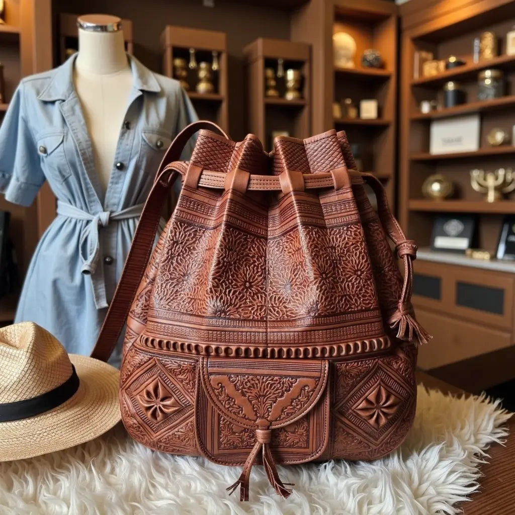 Handcrafted Embossed Leather Bucket Bag – Moroccan Artisan Bag