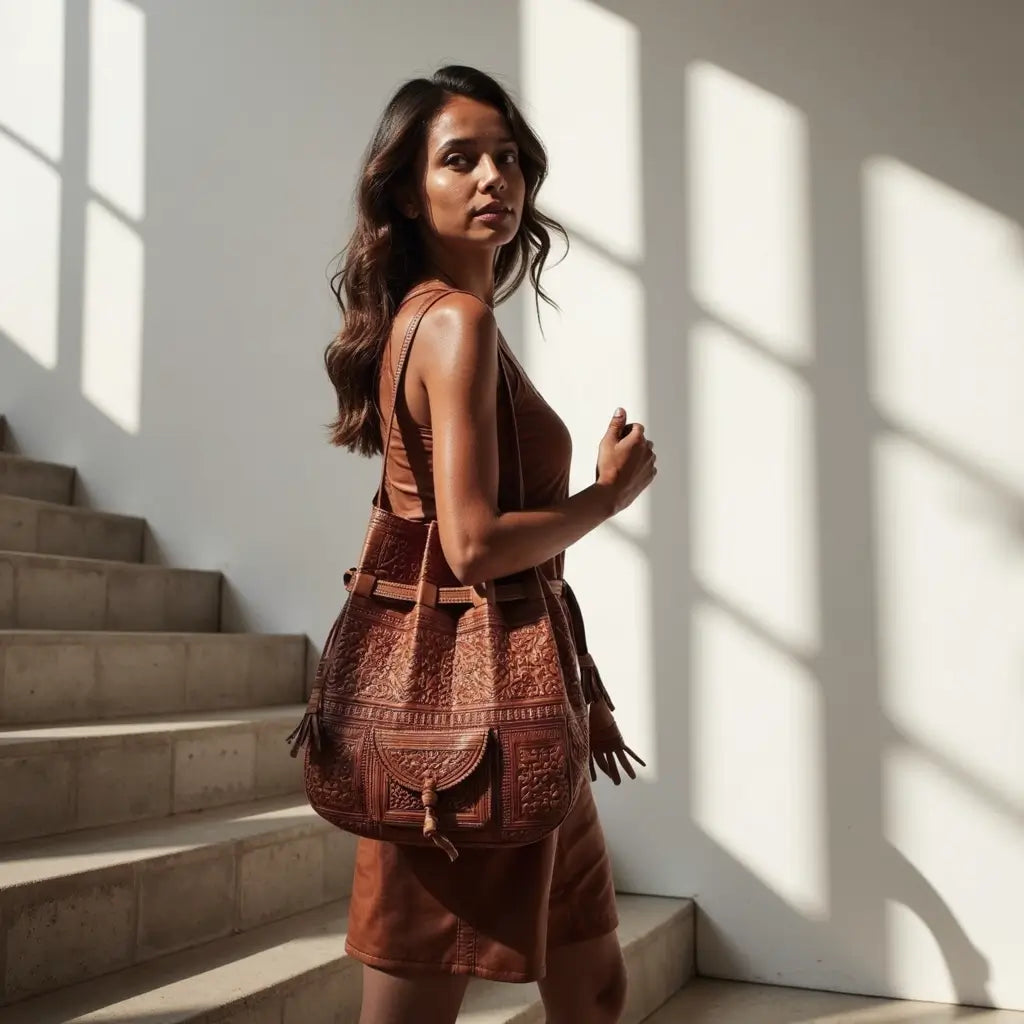 Handcrafted Embossed Leather Bucket Bag – Moroccan Artisan Bag