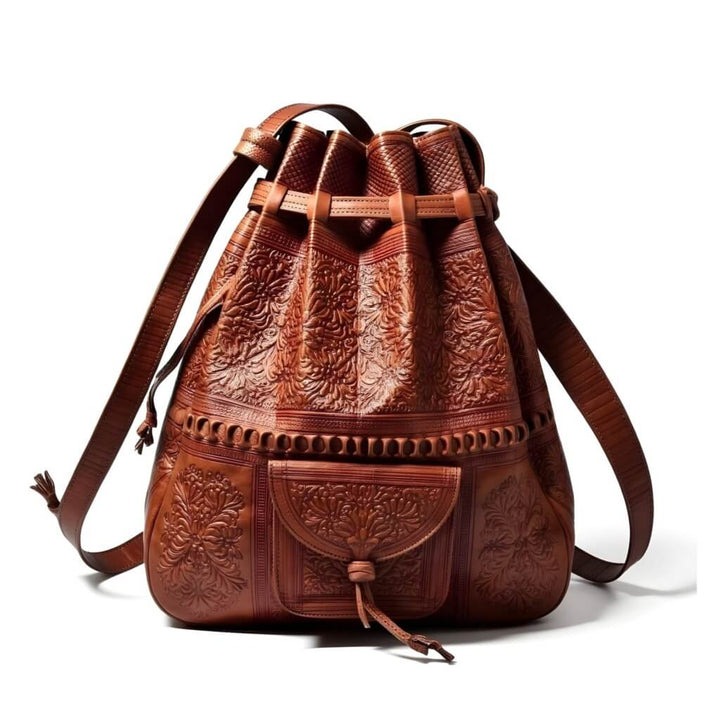 Handcrafted Embossed Leather Bucket Bag – Moroccan Artisan Bag