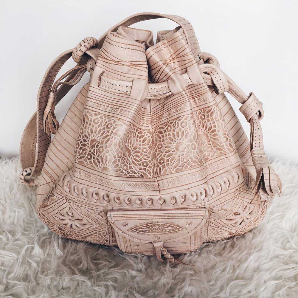 Handcrafted Embossed Leather Bucket Bag – Moroccan Artisan Bag