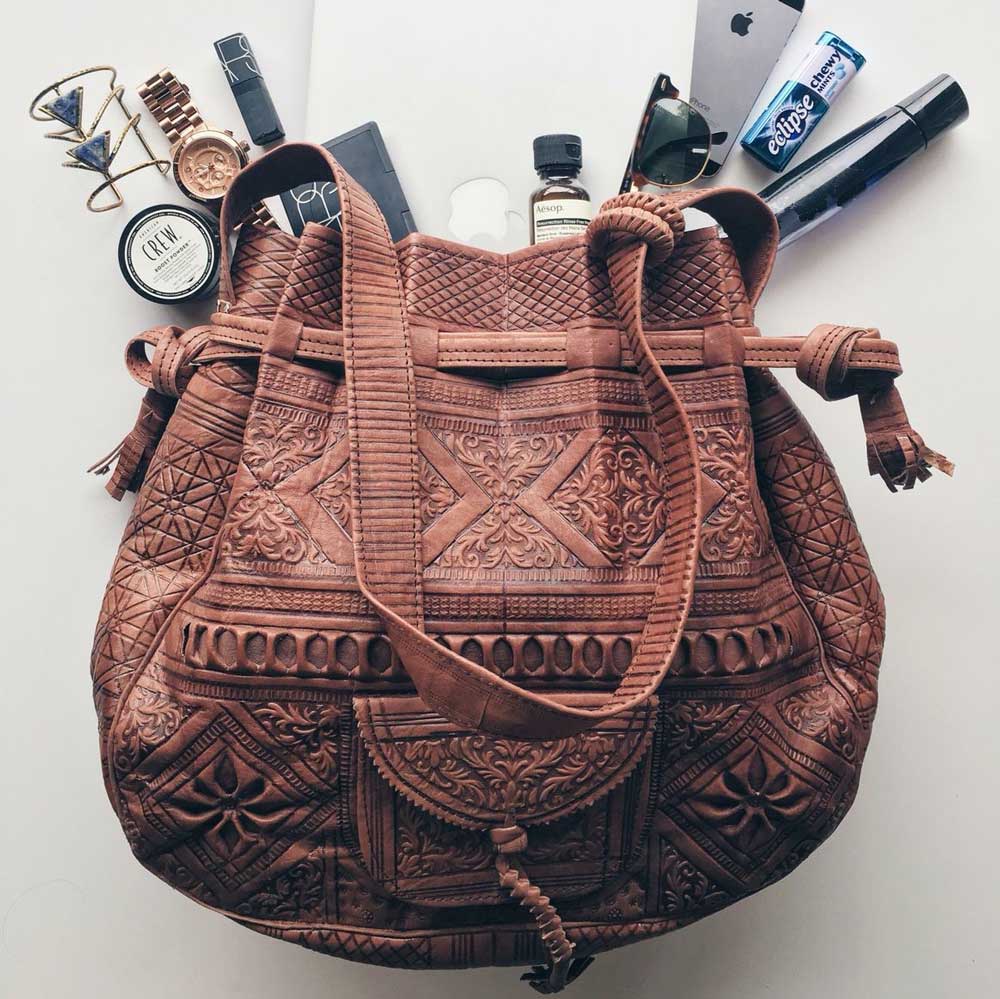 Handcrafted Embossed Leather Bucket Bag – Moroccan Artisan Bag
