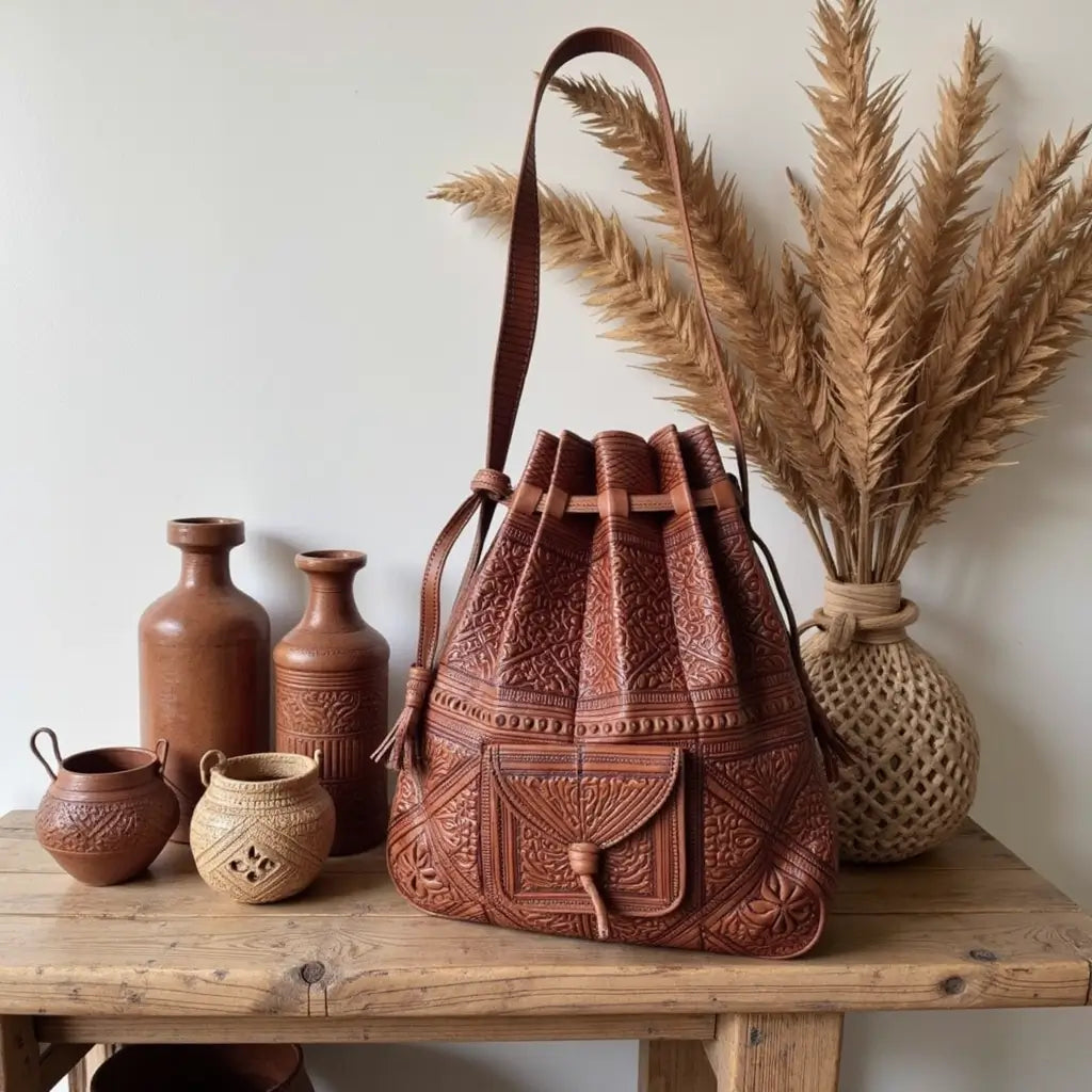 Handcrafted Embossed Leather Bucket Bag – Moroccan Artisan Bag