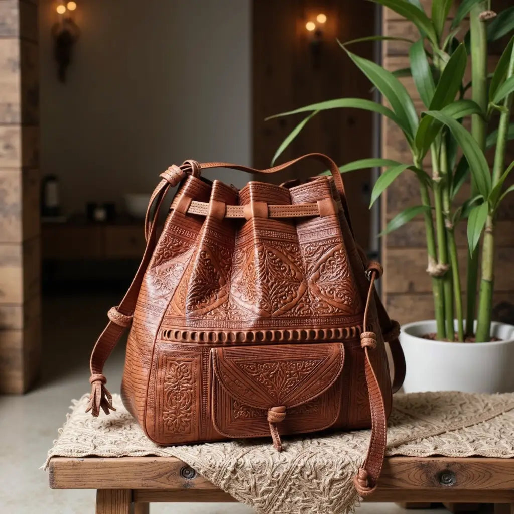 Handcrafted Embossed Leather Bucket Bag – Moroccan Artisan Bag