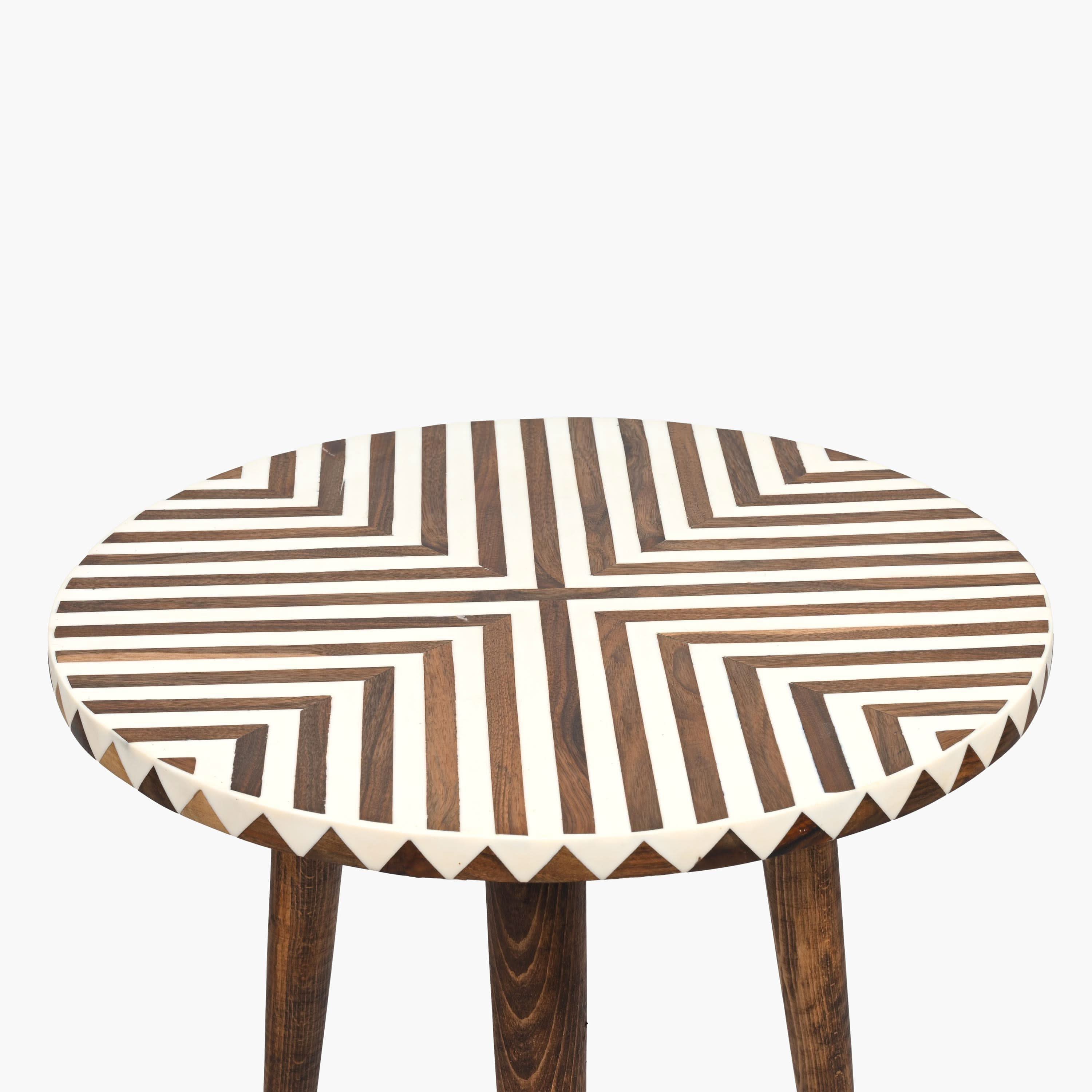 Round brown Moroccan wood and resin accent side table