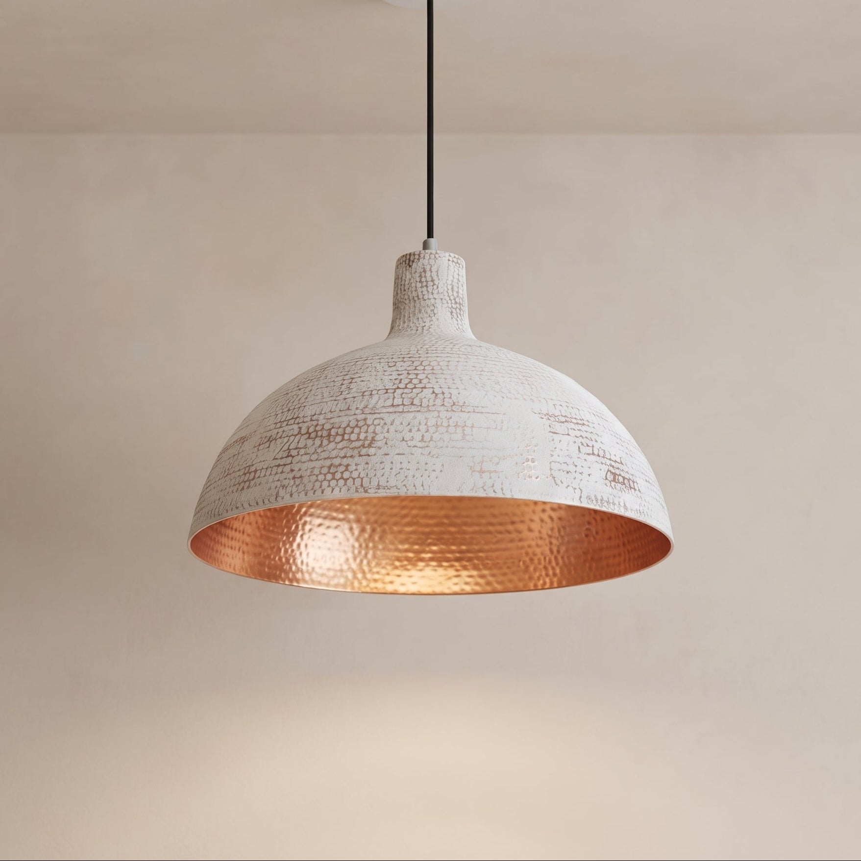 White Hammered Copper Dome Pendant Light