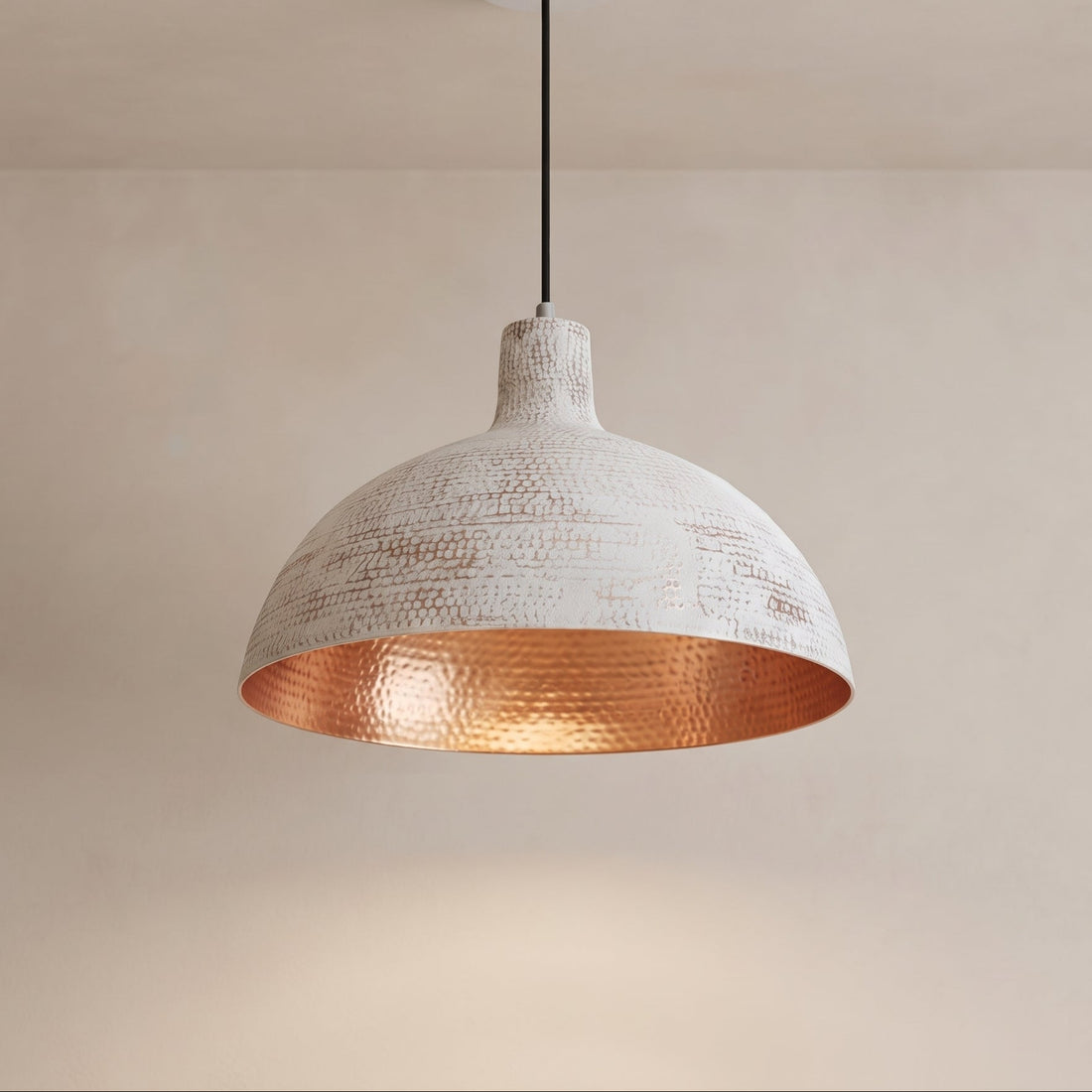 White Hammered Copper Dome Pendant Light