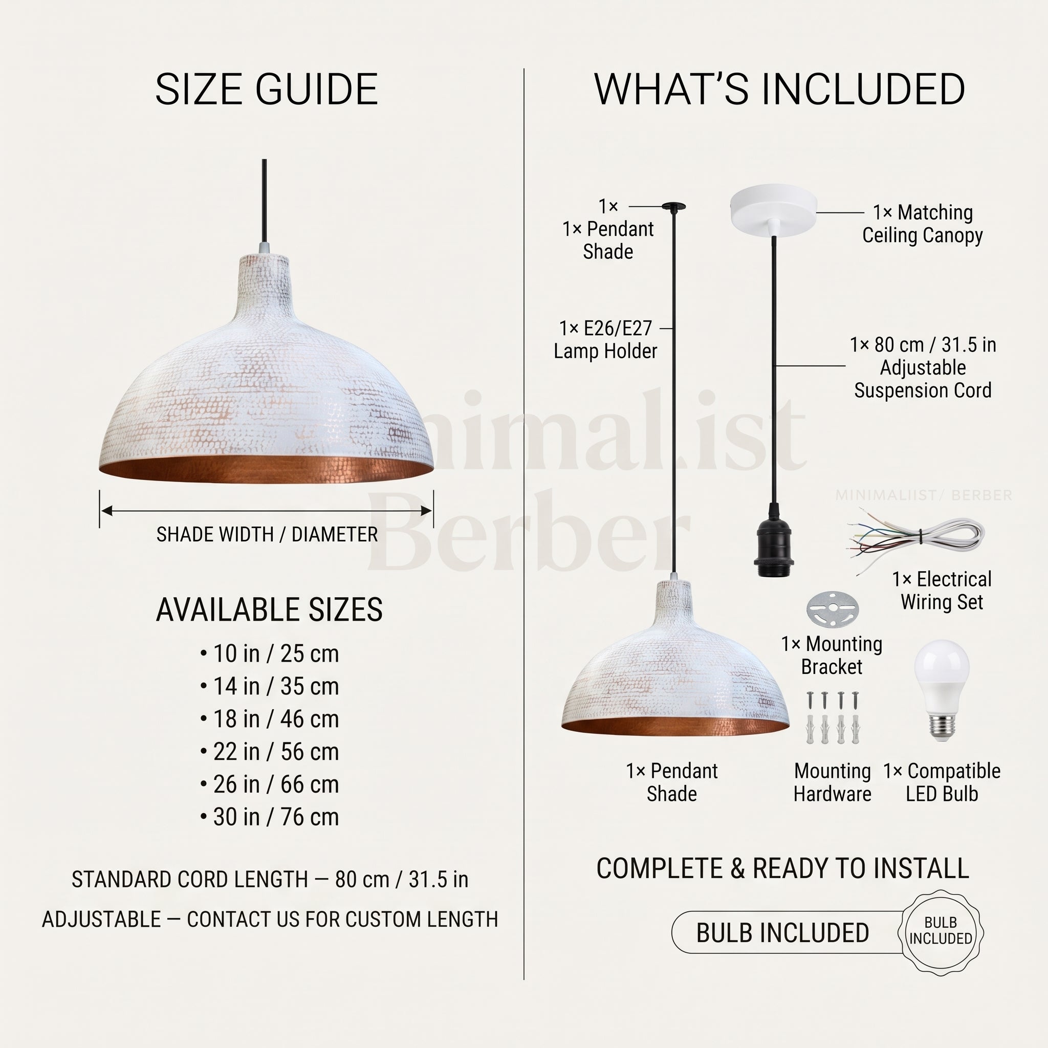 White Hammered Copper Dome Pendant Light
