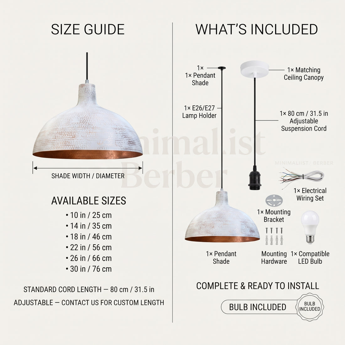 White Hammered Copper Dome Pendant Light