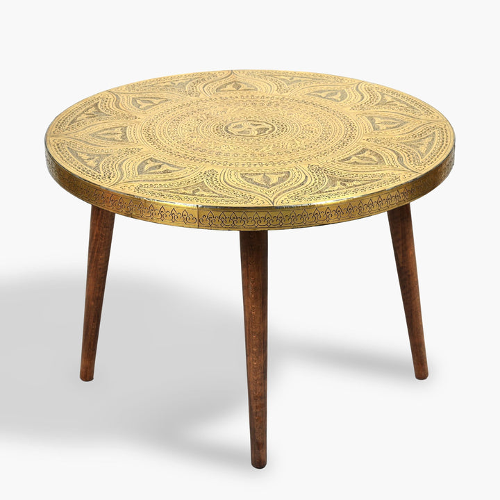 Moroccan wooden side table with decorative gold copper-toned design