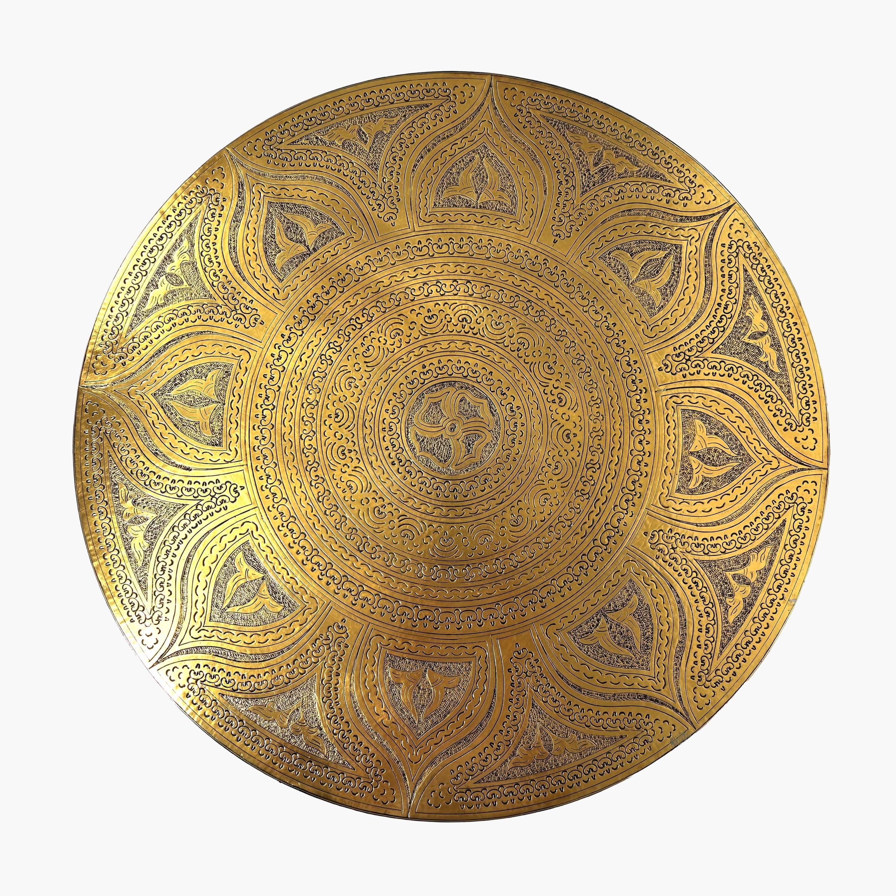 Round Moroccan wooden side table with decorative gold copper design