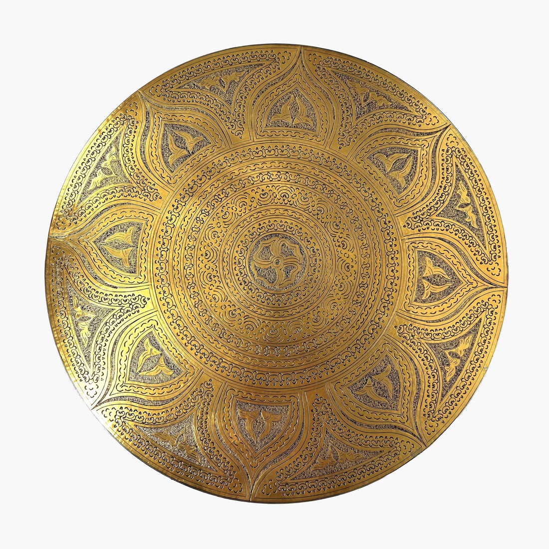 Round Moroccan wooden side table with decorative gold copper design