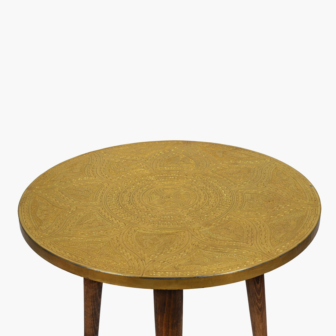 Handcrafted Moroccan copper metal and wood side table detail