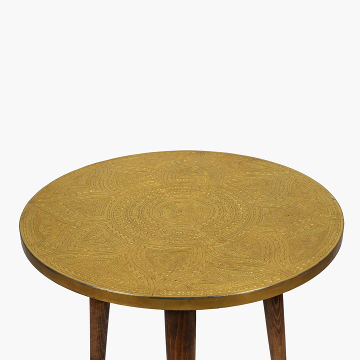 Handcrafted Moroccan copper metal and wood side table detail