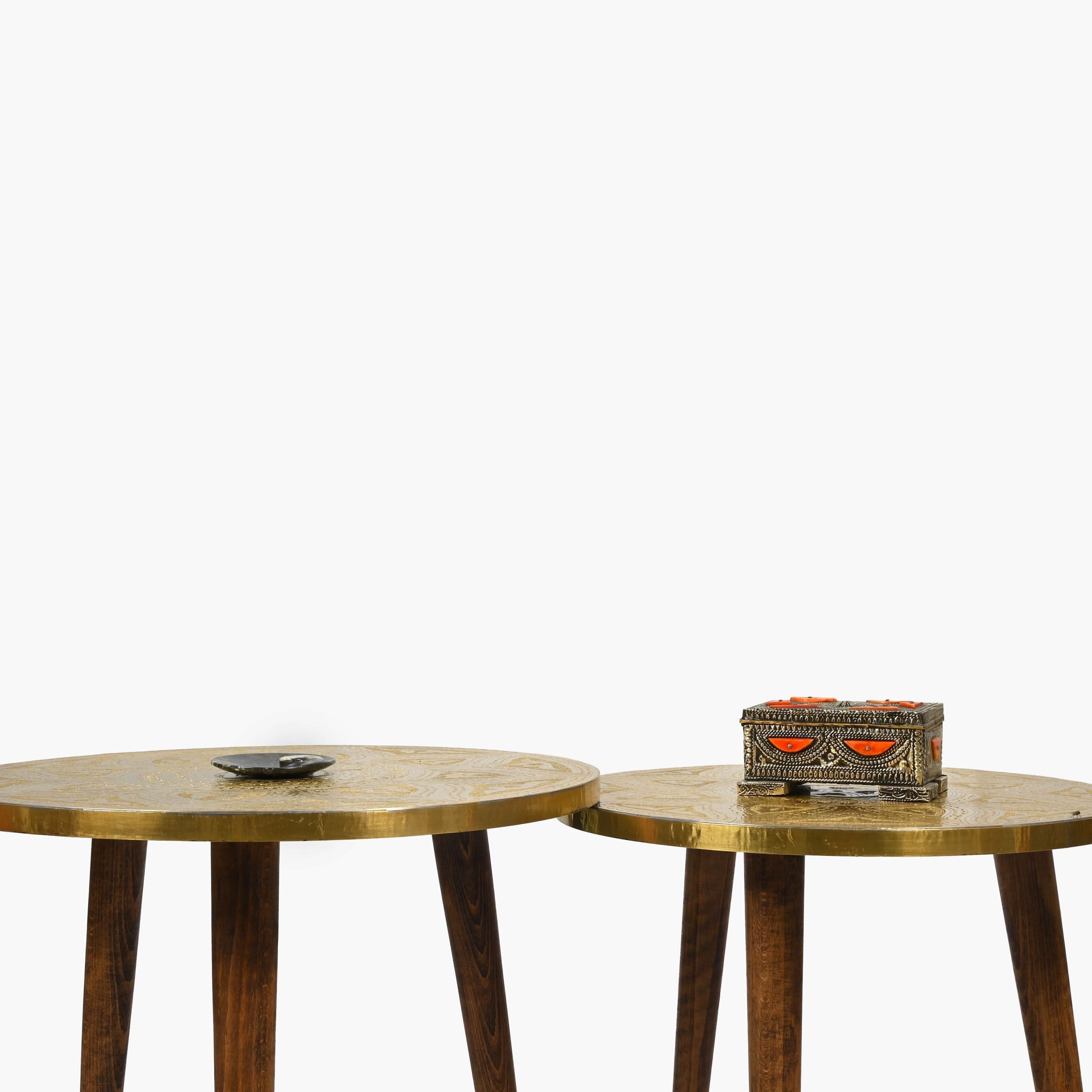 Round copper and wood Moroccan side table handcrafted detail