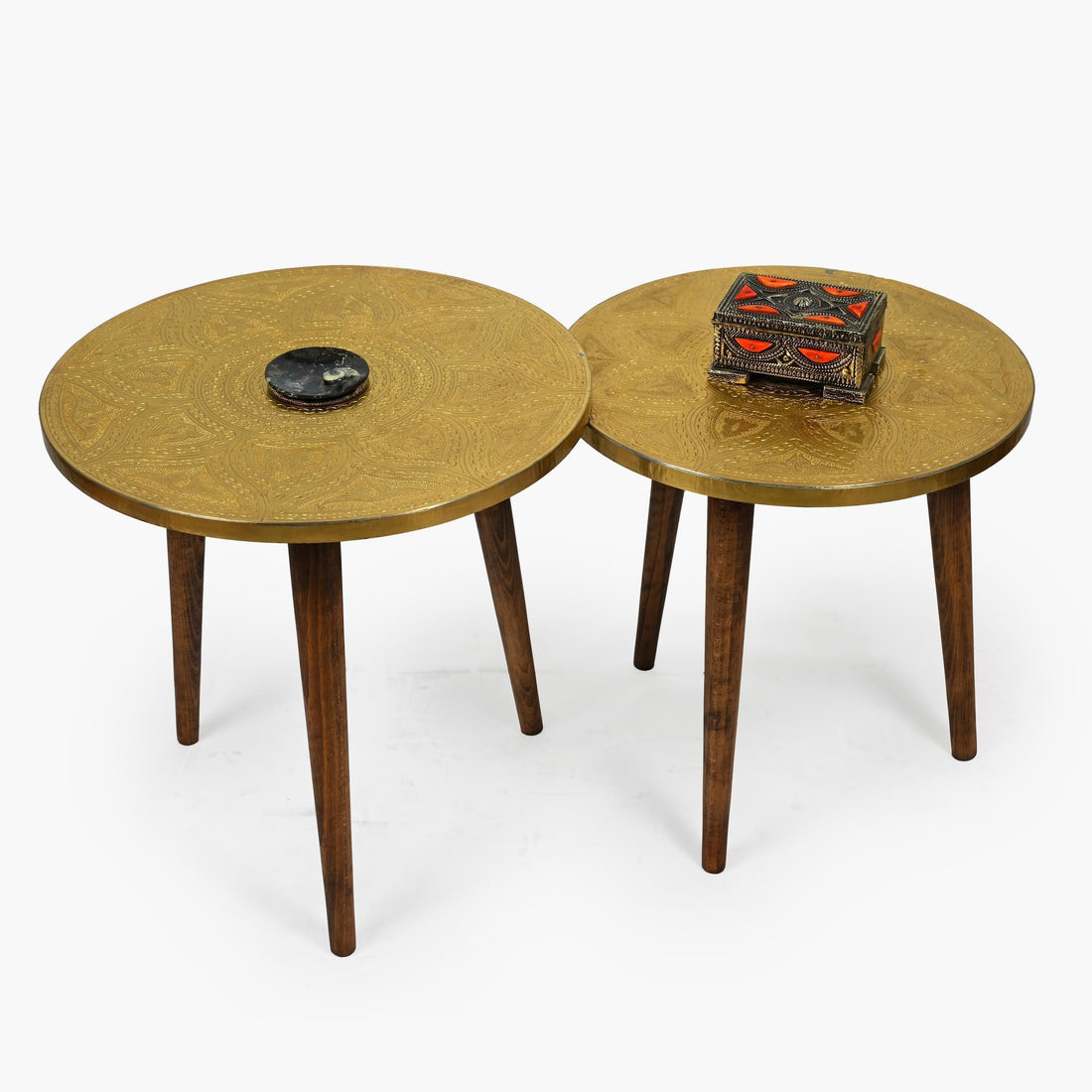 Handmade Moroccan copper and wood side table from Marrakesh