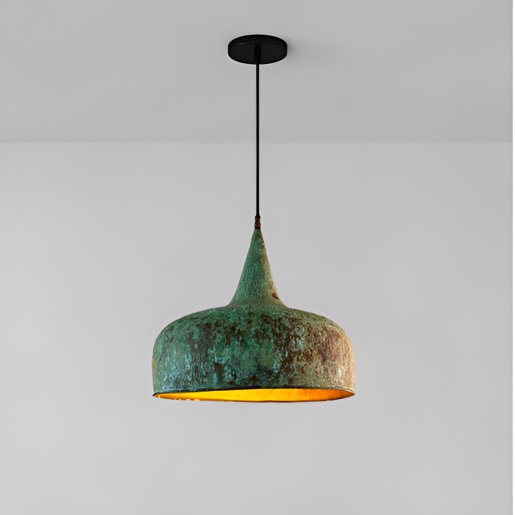 Green patina pendant light with hammered copper dome shade and tapered neck