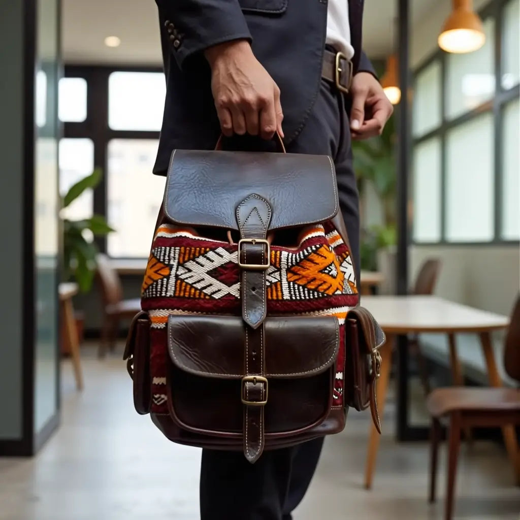 Moroccan Kilim Leather Backpack – Handmade Berber Style Bag
