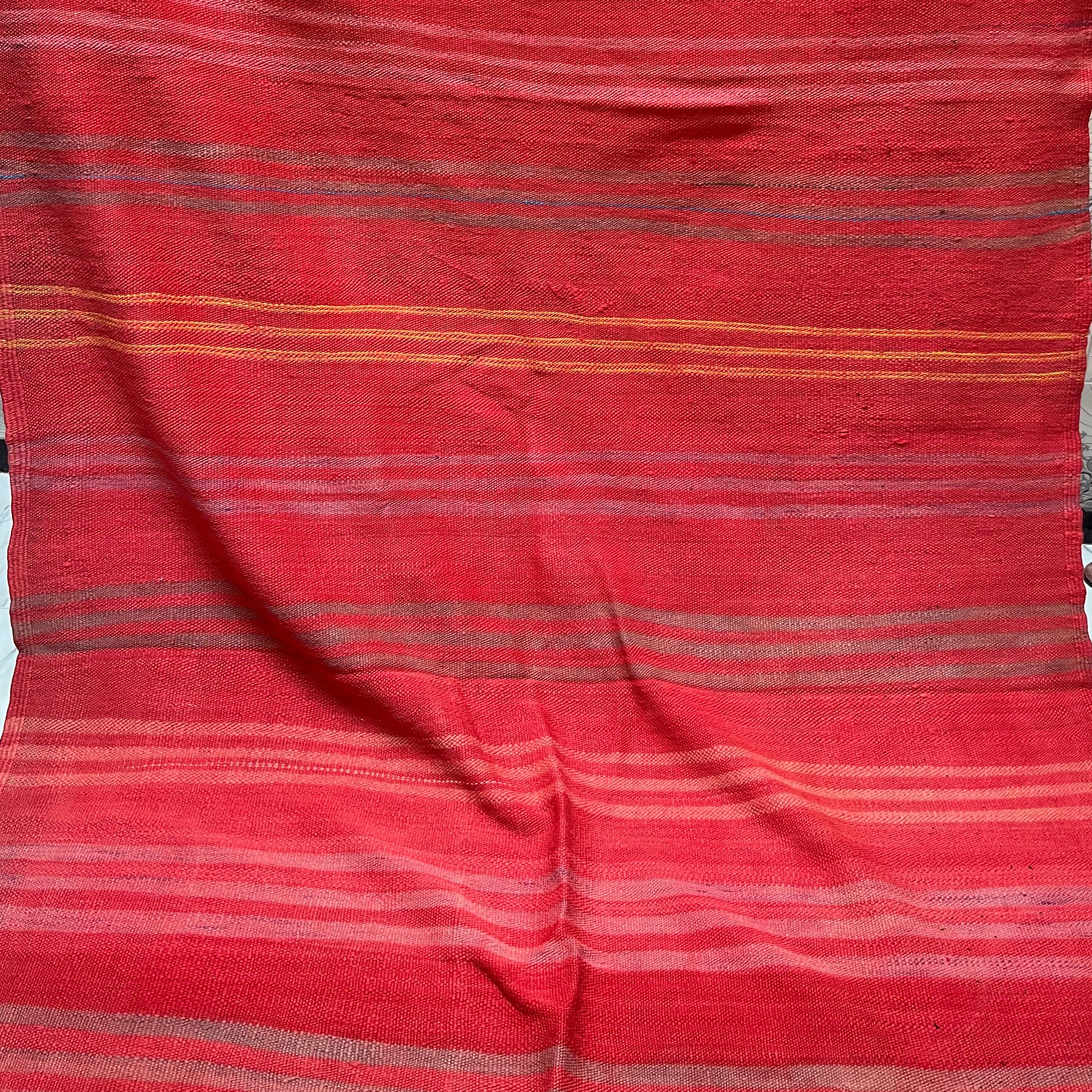 Bold Crimson Red Kilim Rug - Handwoven Moroccan Flatweave - 11.2 x 5.3 ft