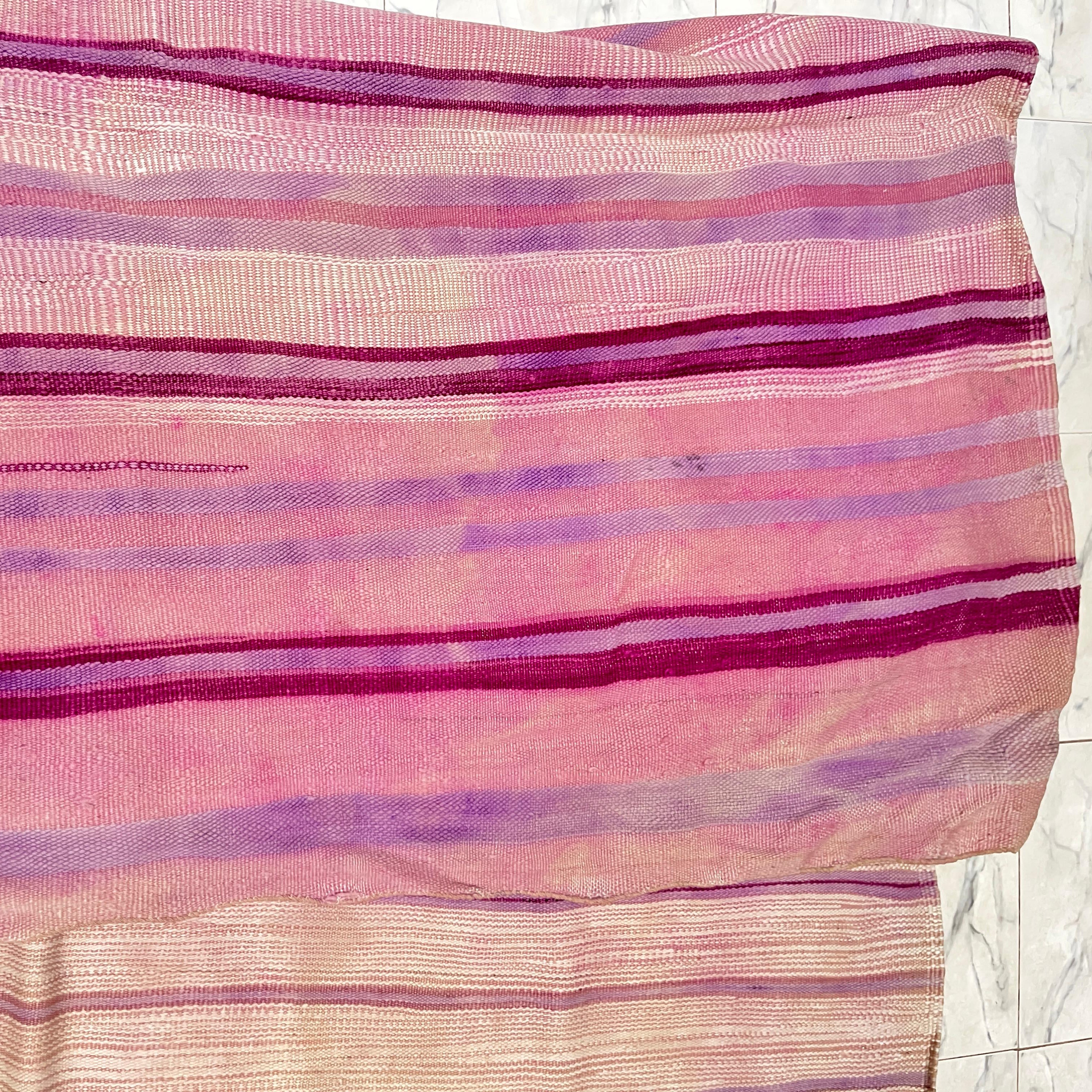 Vintage Kilim Rug - Handwoven Moroccan Flatweave - Blush Pink & Lavender Stripes - 10 x 6 ft