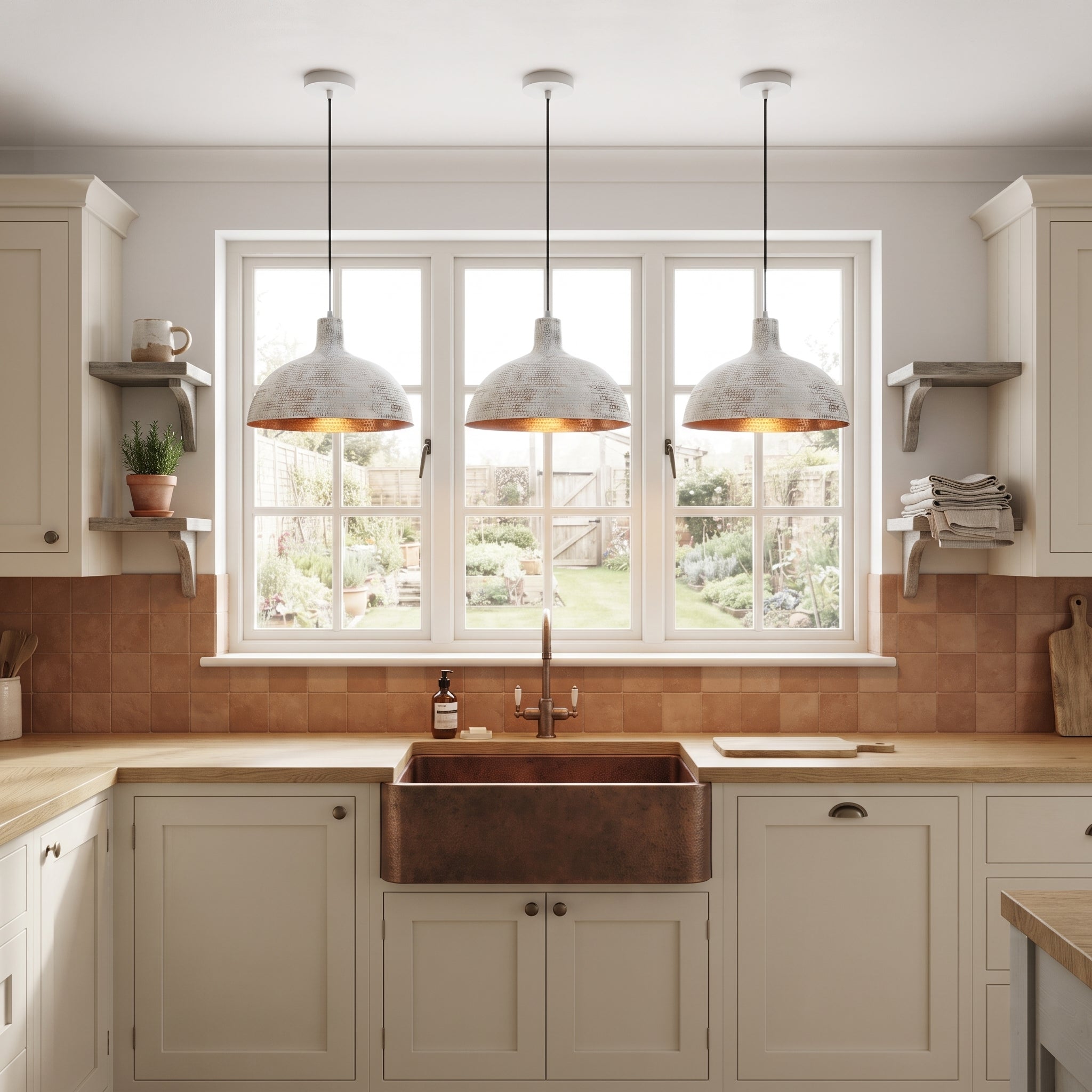 White Hammered Copper Dome Pendant Light