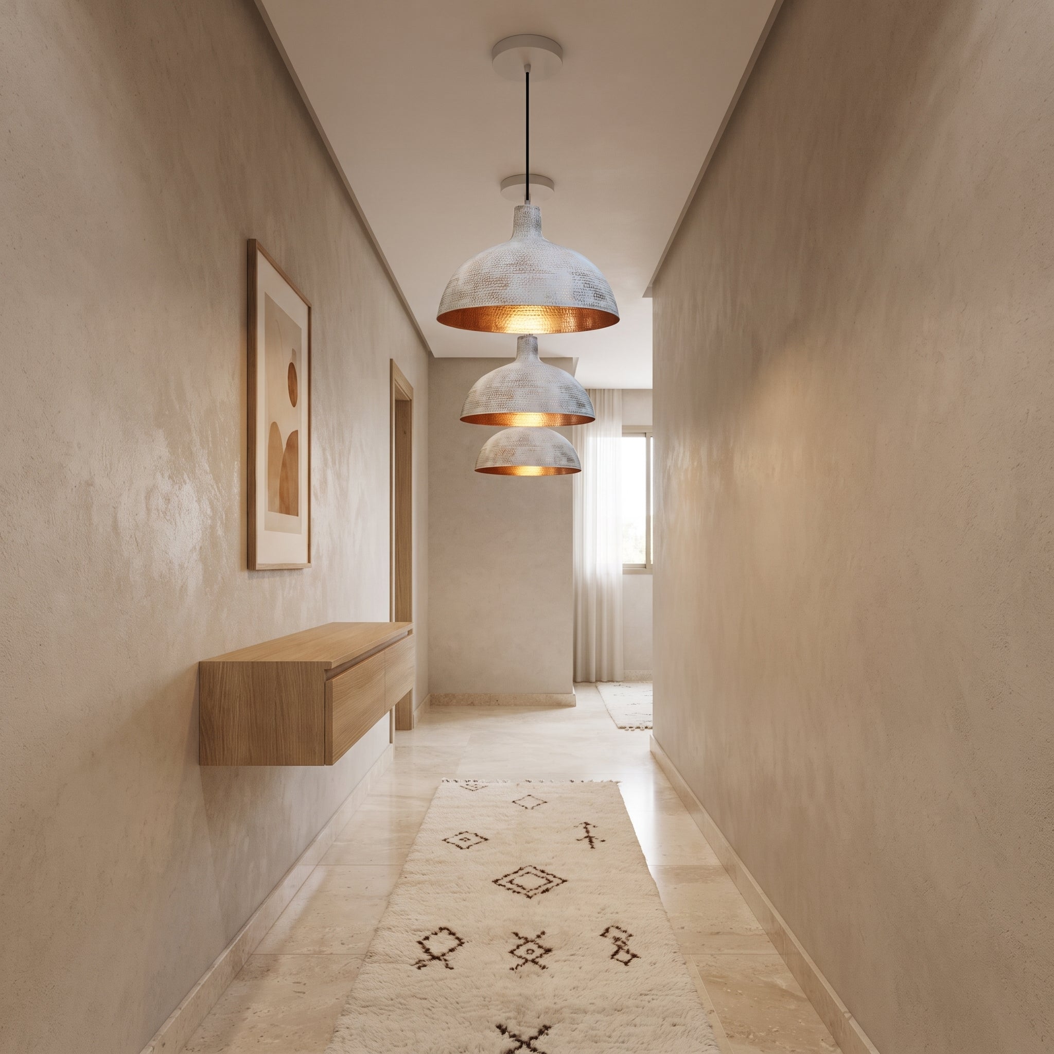White Hammered Copper Dome Pendant Light