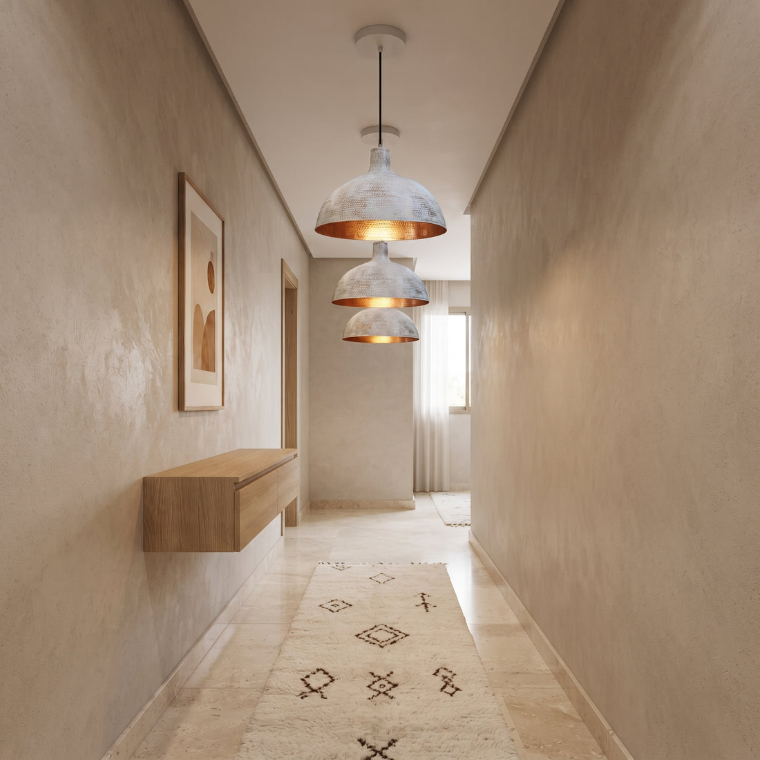 White Hammered Copper Dome Pendant Light