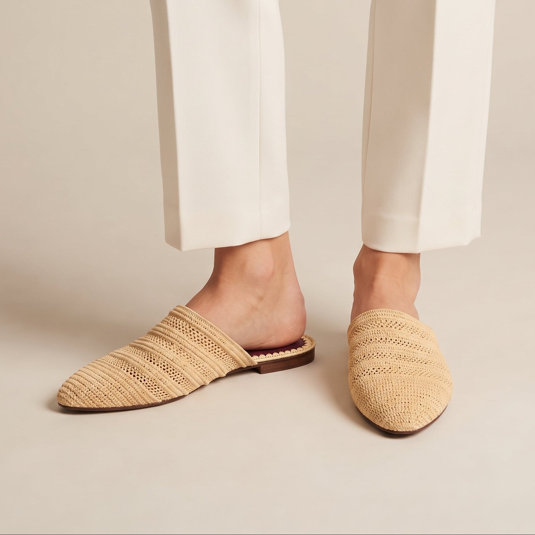 Natural Raffia Pointed Mules for Women