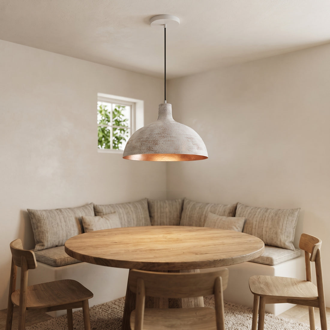 White Hammered Copper Dome Pendant Light