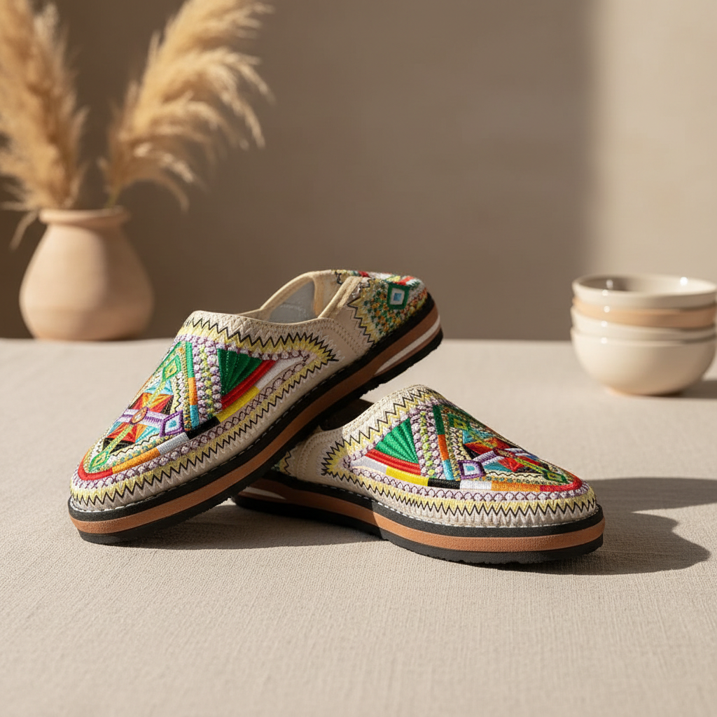 Handmade Moroccan Berber Slippers – Vibrant Embroidered Leather Babouche
