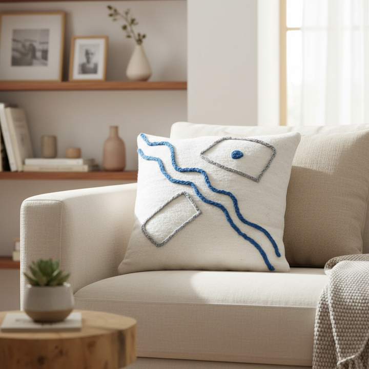 Abstract Embroidered Moroccan Pillow Cover – Handcrafted Wool Cushion in Blue & Neutral Tones