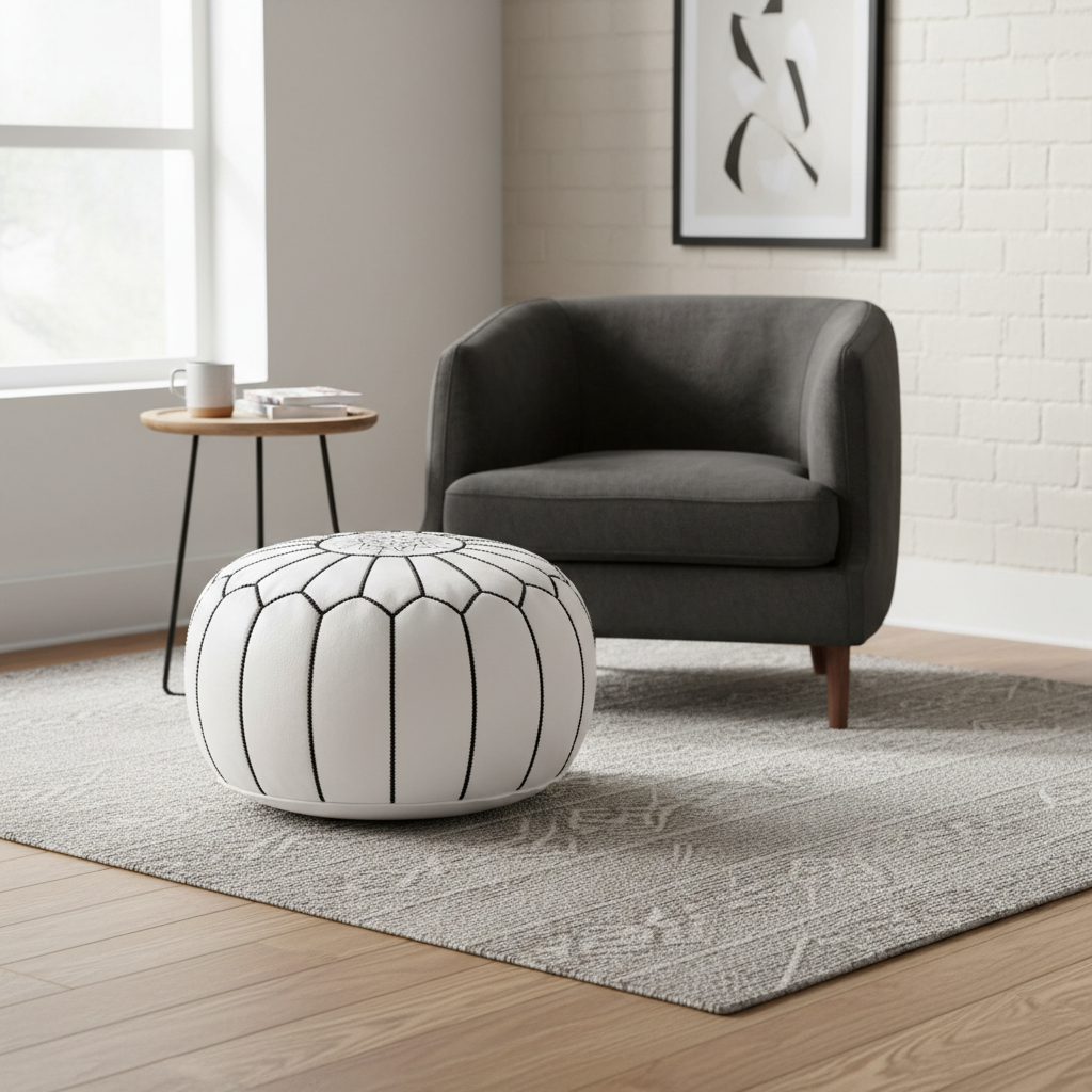 Elegant White Moroccan Leather Pouf – Handcrafted & Chic