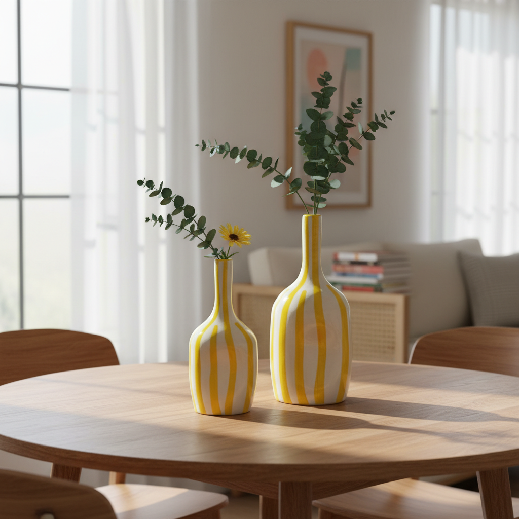 Handmade Ceramic Vase – Yellow Striped Modern Pottery Bottle