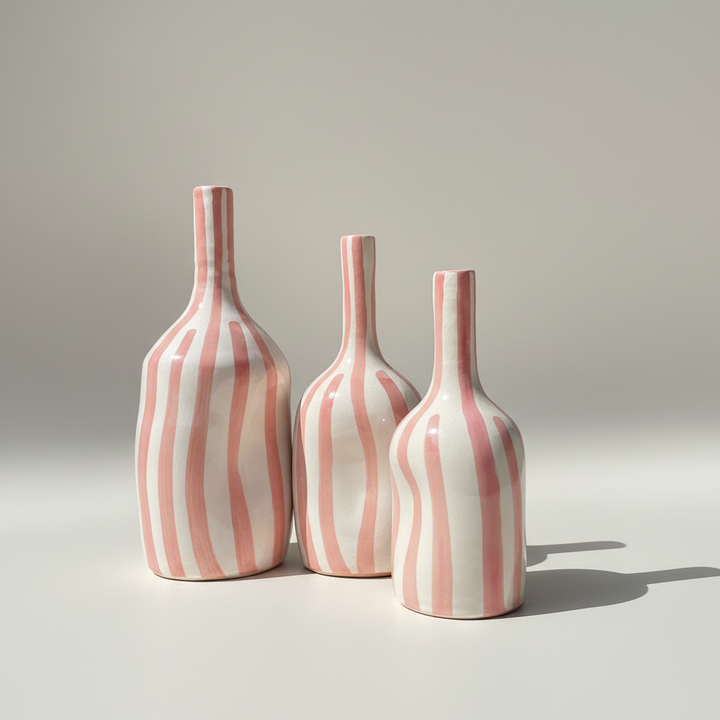 Handmade Ceramic Vase – Soft Pink Striped Modern Pottery Bottle