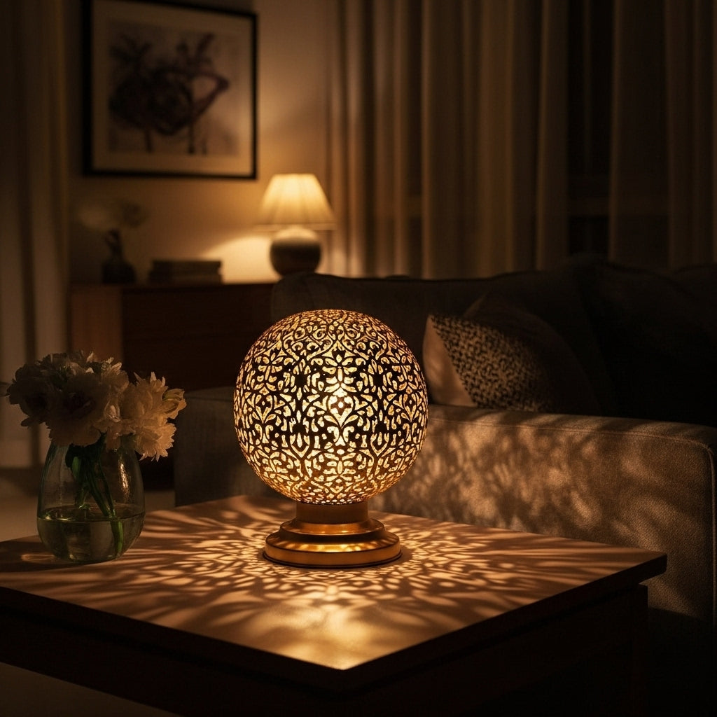 Moroccan Table Lamp Made with Brass and Geometric Design