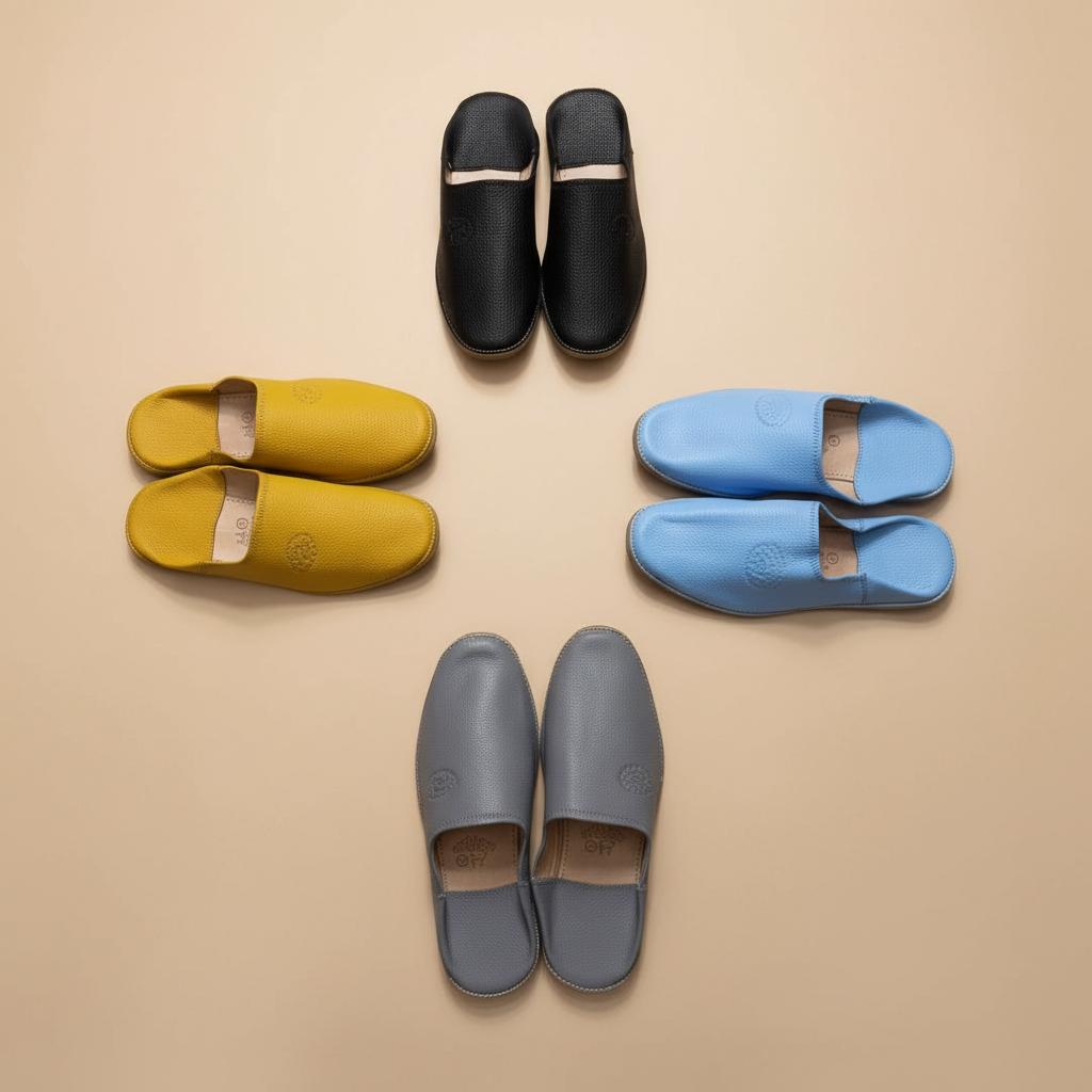 Premium Pebbled Leather Moroccan Babouche – Modern Minimalist House Slippers