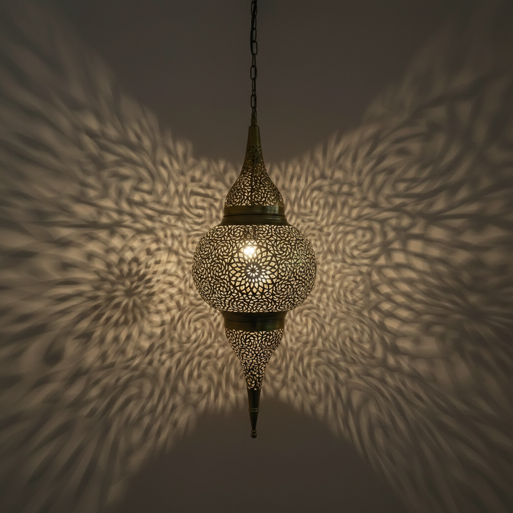 Moroccan Brass Pendant Light – Perforated Hanging Lantern Ceiling Lamp