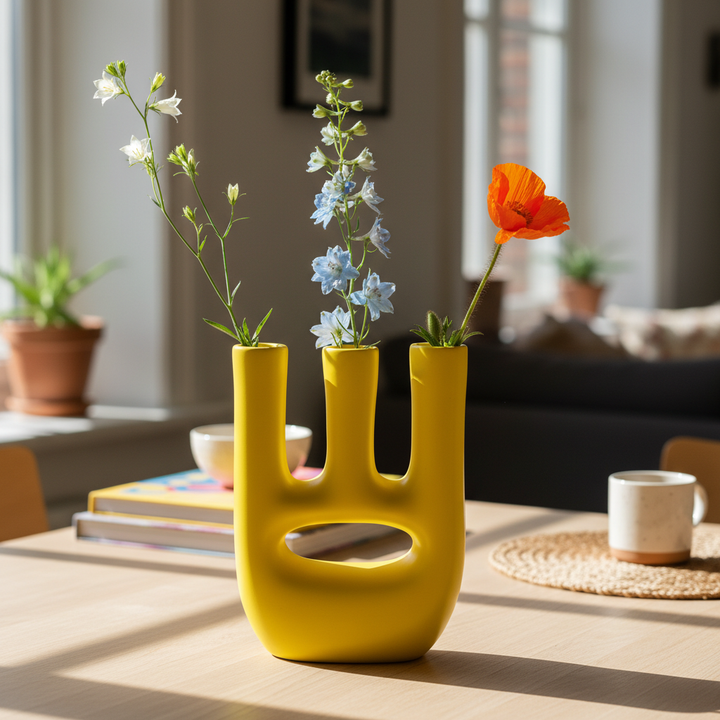 Handmade Ceramic Vase – Modern Yellow Triple-Neck Sculptural Vase