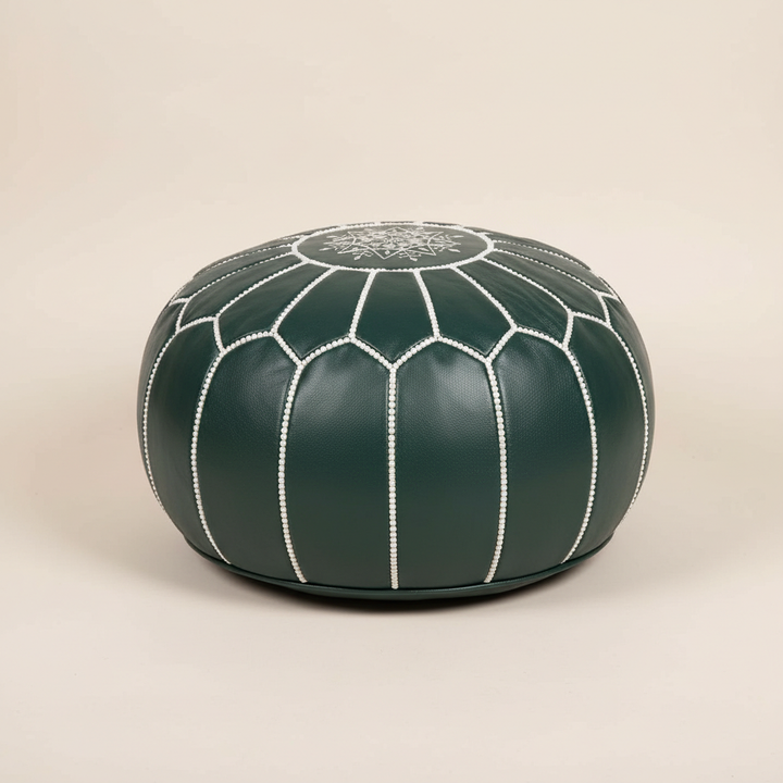 Dark Green Leather Pouf, Handcrafted Moroccan Ottoman