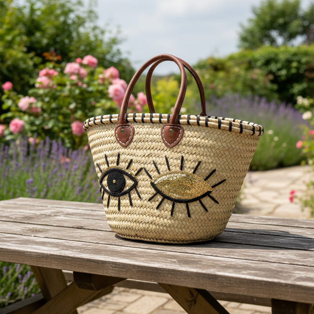 Woven bag with eye design on a wooden table in a garden setting