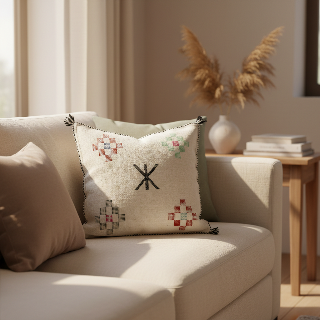 Handwoven Berber-Inspired Moroccan Pillow Cover with Geometric Embroidery & Tassels