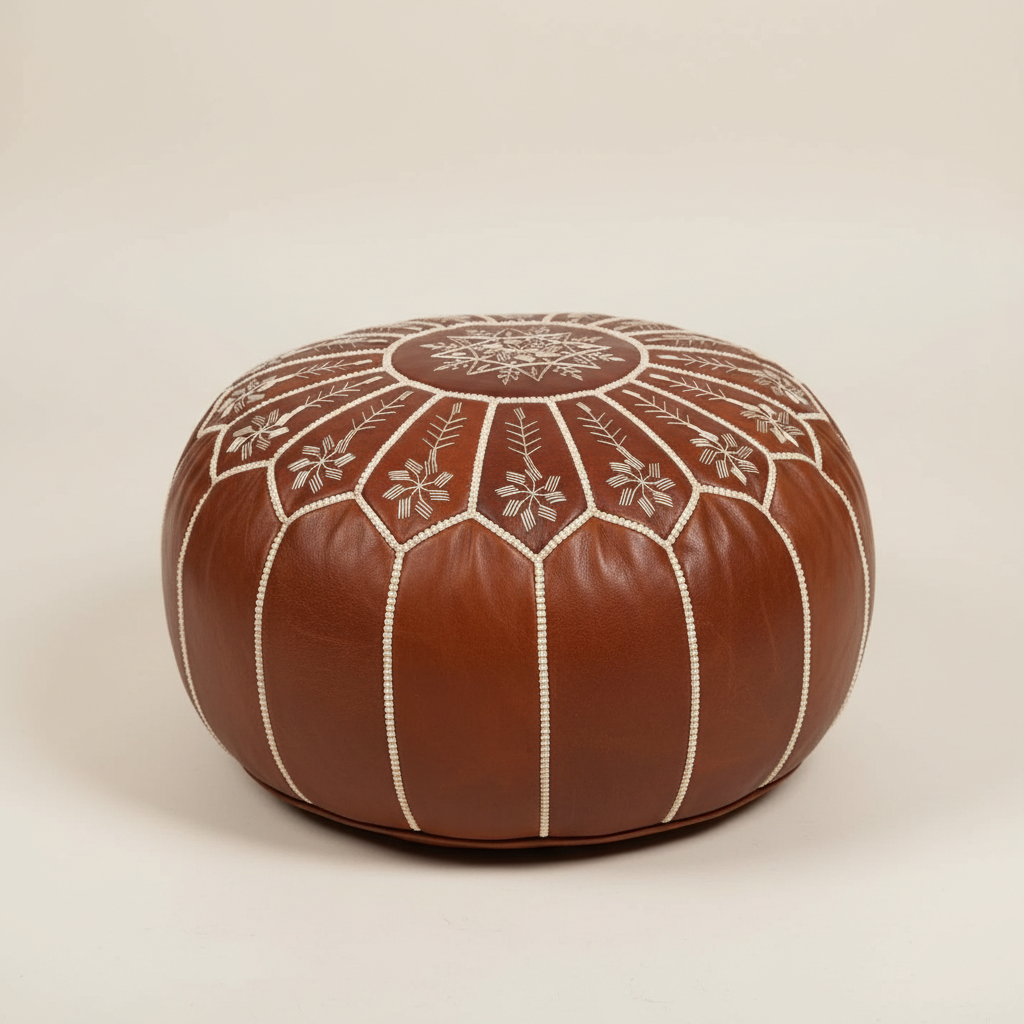 Luxury Handcrafted Brown Moroccan Leather Pouf