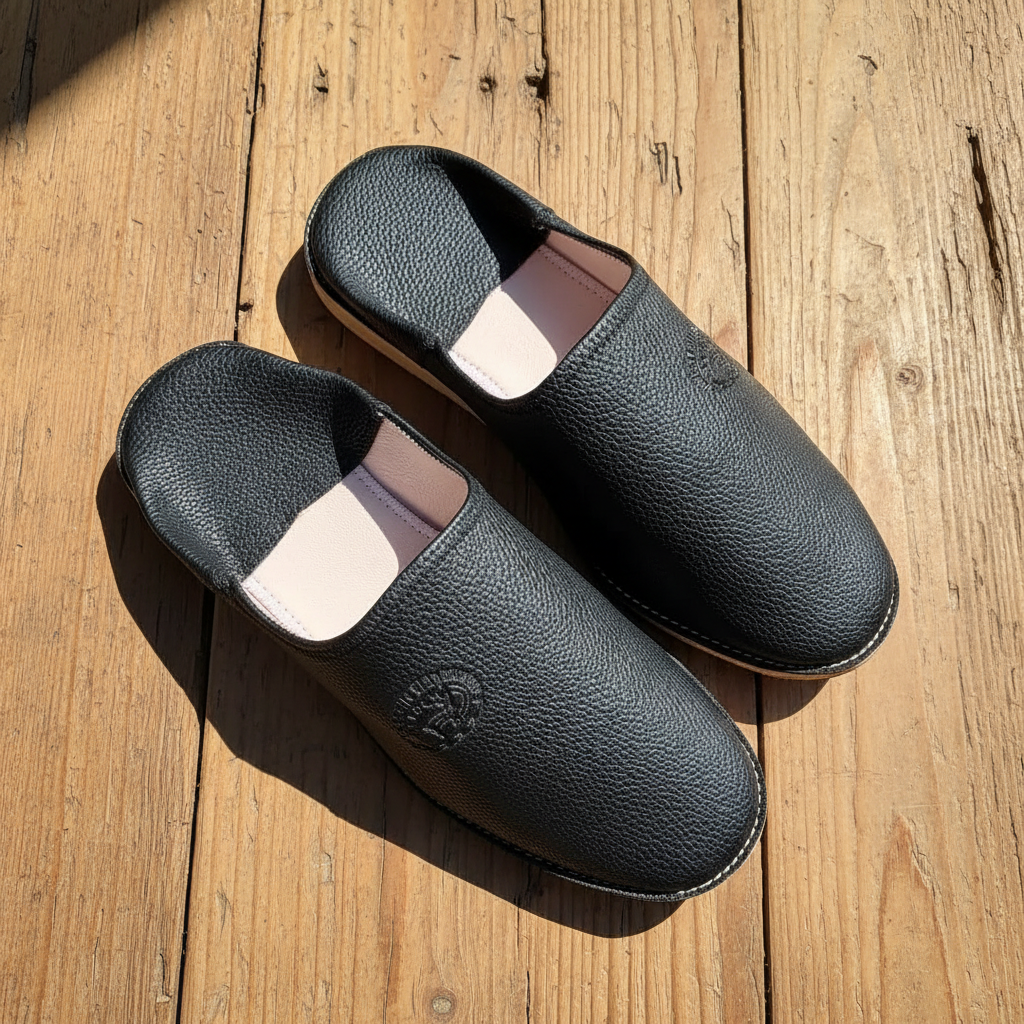 Premium Pebbled Leather Moroccan Babouche – Modern Minimalist House Slippers