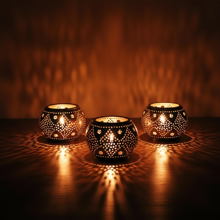 Set of 3 Moroccan Brass Candle Holder with Oriental Design