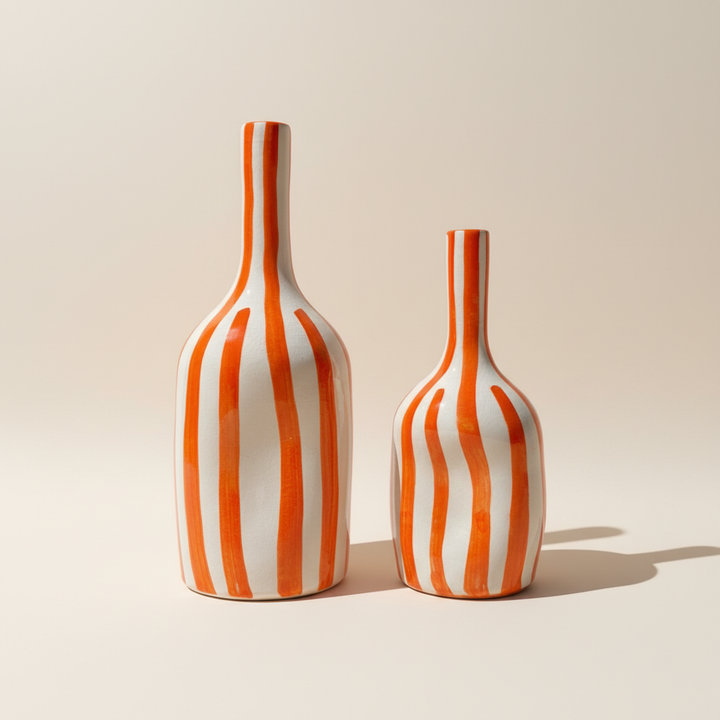 Handmade Ceramic Vase – Modern Orange Striped Pottery Bottle Décor