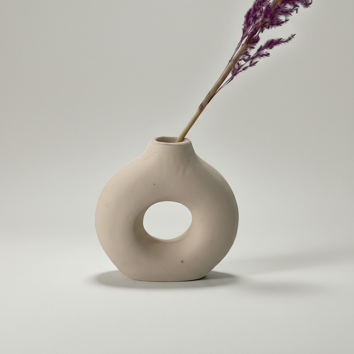 Handmade Ceramic Vase – Neutral Sculptural Donut Vase with Matte Finish