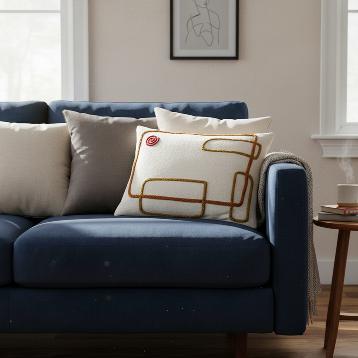 Abstract Embroidered Moroccan Pillow Cover – Handcrafted Wool Cushion in Neutral Tones