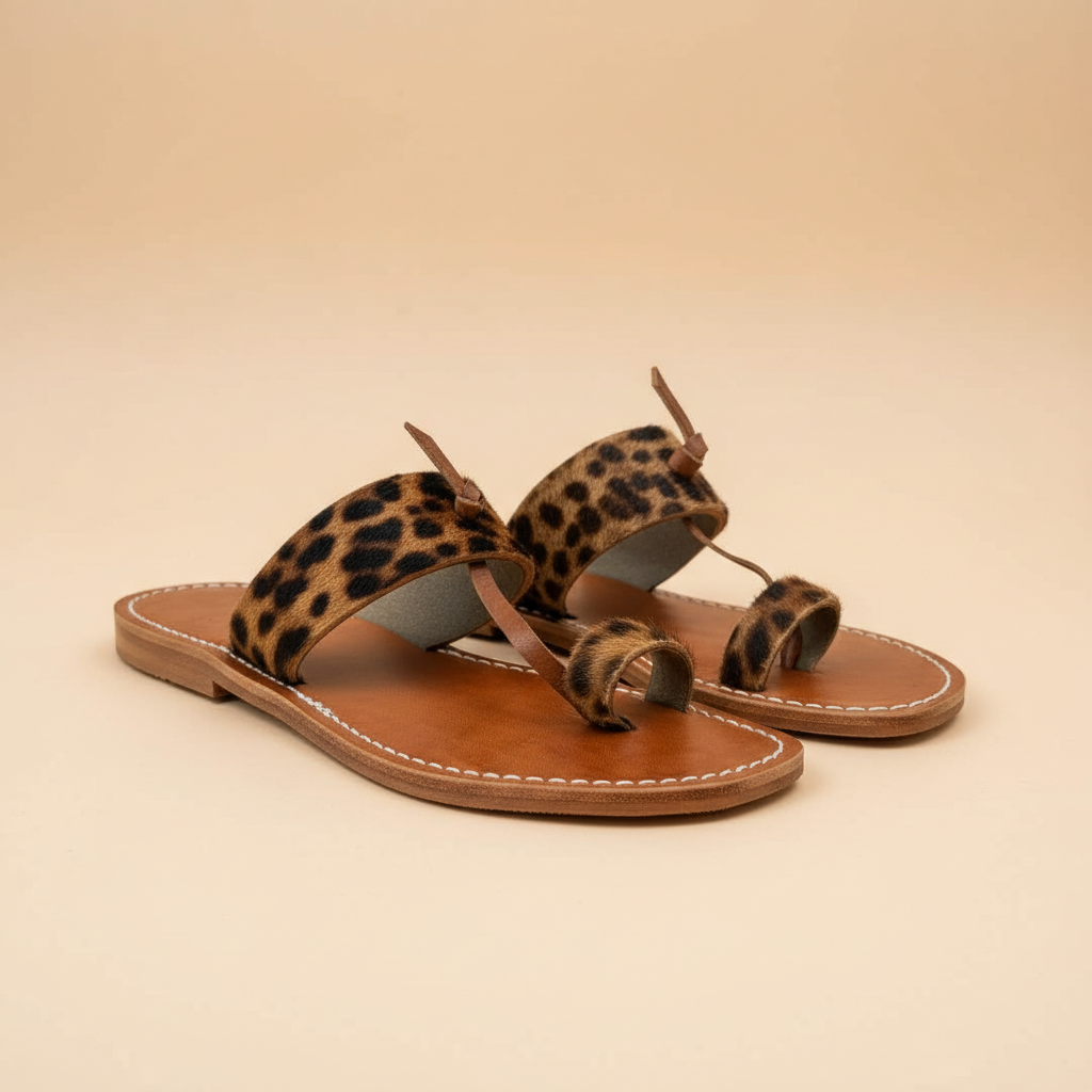 Leopard Print Leather Flat Sandals for Women – Handmade Slip-On Summer Slides