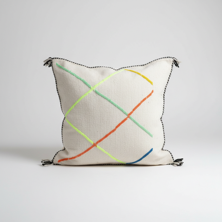 Minimalist Berber Pillow Cover with Hand-Drawn Geometric Lines – Moroccan Boho Cushion with Tassels, 4 Sizes