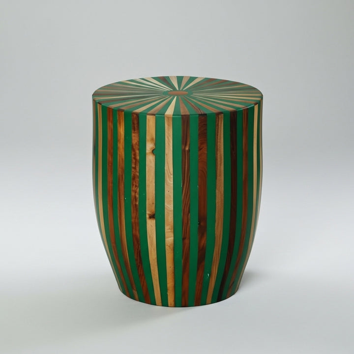 Handcrafted Green Resin & Wood Striped Side Table